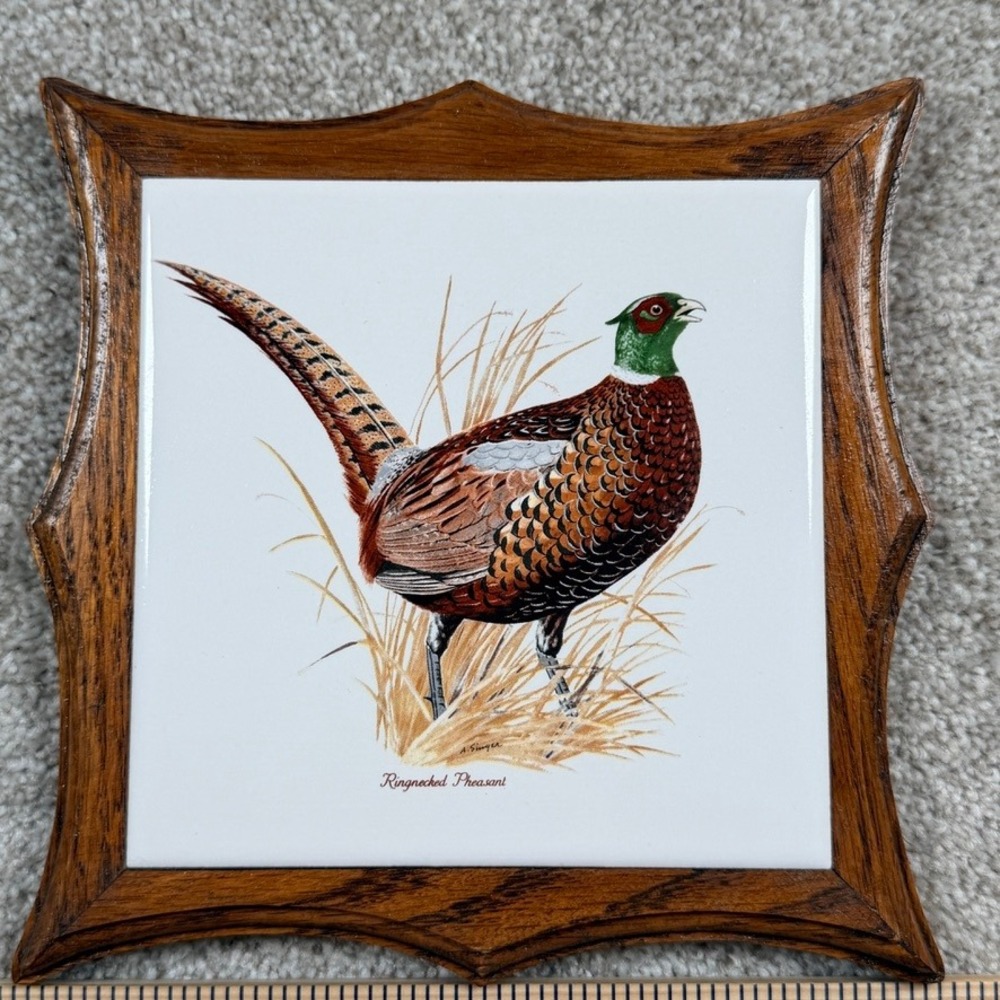 Vintage Arthur Singer Ringneck Pheasant Ceramic Tile Wood Framed Wall Art